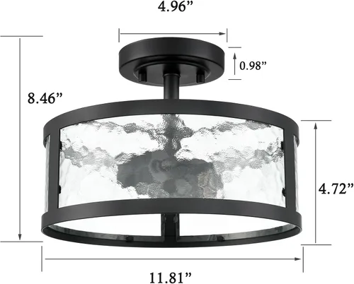 Miniatura 5 de Lámpara de techo semiempotrada de estilo casa de campo, accesorios de luz negra, 2 luces con vidrio martillado para dormitorio, cocina, baño, entrada