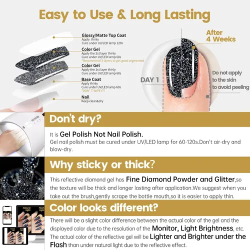 Miniatura 9 de YTD Likomey - Esmalte de uñas de gel con purpurina reflectante, 0.5 fl oz (15 ml), color negro con destellos de diamante, tono azul oscuro