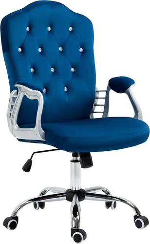 Vinsetto Silla de oficina en casa, silla de terciopelo para computadora, silla de escritorio con botones copetudos con ruedas giratorias, altura Azul