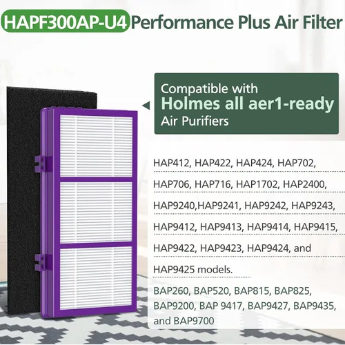 Miniatura 4 de HAPF300AP Performance Plus Filtro de Repuesto para Purificador de Aire Holmes AER1 HAPF300AP-U4, 4 Filtros True HEPA+ 8 Prefiltros de Carbono