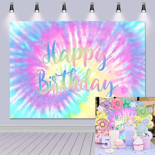 Miniatura 7 de Out - Telón de fondo de un solo dígito de feliz cumpleaños número 10, arco iris, teñido anudado, fondo de fotografía para niñas, decoración