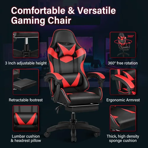 Miniatura 6 de YSSOA Silla giratoria de videojuegos y para oficina, ergonómica, con respaldo alto y asiento de altura ajustable, color rojo Rojo con reposapiés