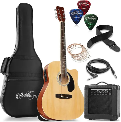 Miniatura 10 de Ashthorpe Paquete de guitarra eléctrica acústica Dreadnought Cutaway de tamaño completo con amplificador de 10 W, color negro