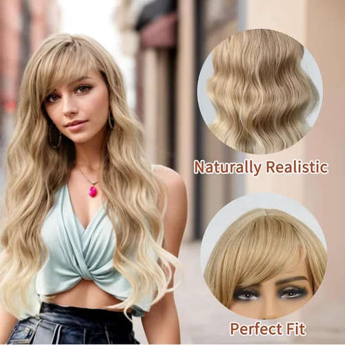 Miniatura 6 de Peluca rubia con flequillo de 26 pulgadas de largo, rizada, ondulada para mujer, pelucas rubias degradadas con flequillo, aspecto natural, pelucas