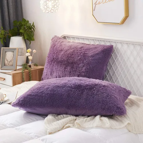Miniatura 28 de Juego de 2 fundas de almohada estándar de piel sintética de terciopelo suave, fundas de almohada decorativas con cierre de cremallera
