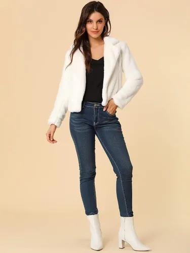 Miniatura 3 de Allegra K Chaqueta corta de piel sintética para mujer, cárdigan con solapa, abrigo de piel sintética esponjosa para invierno 2023