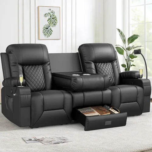 Miniatura 8 de FURNIMAT Sofá reclinable biplaza, sofá reclinable doble de 3 plazas con consola abatible, moderno sofá biplaza de cuero PU para sala de estar/casa