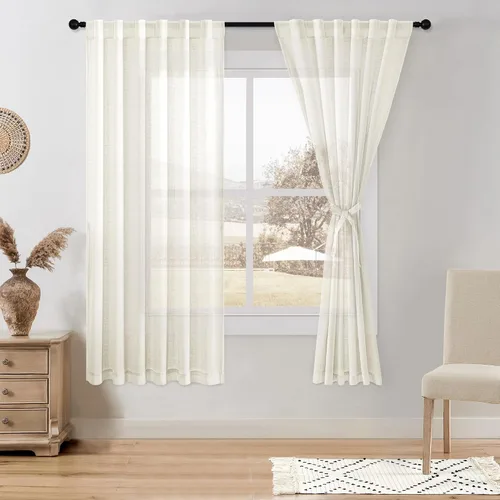Miniatura 22 de DWCN Cortinas traslúcidas de lino floral, bolsillo para barra y pestaña trasera, cortina de mezcla de lino para dormitorio, sala de estar, cortinas