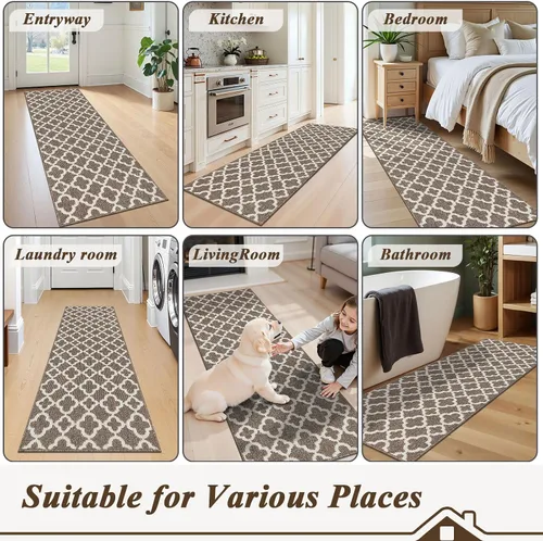 Miniatura 6 de U'Artlines Alfombra Pasillo para Pasillo 2×6 pies Antideslizante Alfombra de Piso de Cocina Corredores Patrón Geométrico Marrón Lavable a Máquina