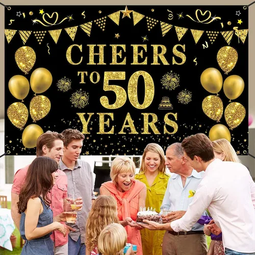 Miniatura 7 de Trgowaul Decoraciones de cumpleaños número 50/aniversario/boda para mujeres y hombres, pancarta de felicitación a los 50 años, fondo negro y dorado