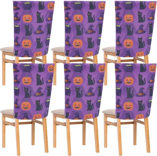 Miniatura 6 de Seat Covers for Dining Room Chairs for Family Gatherings (Scenario) Set of 2 Washable Dining Chair Cover Halloween Pattern Black Cats Pumpkin Purple