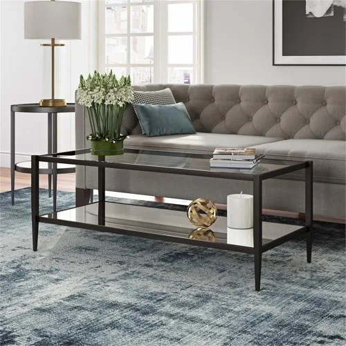 Miniatura 2 de Mesa de centro rectangular moderna en negro y bronce con estante de espejo