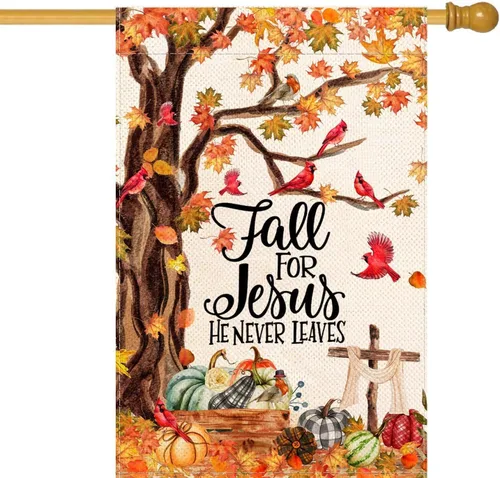Baccessor Bandera de otoño de 28 x 40 pulgadas, árbol cardenal de otoño para Jesús que nunca deja bandera vertical de doble cara, calabaza cosecha