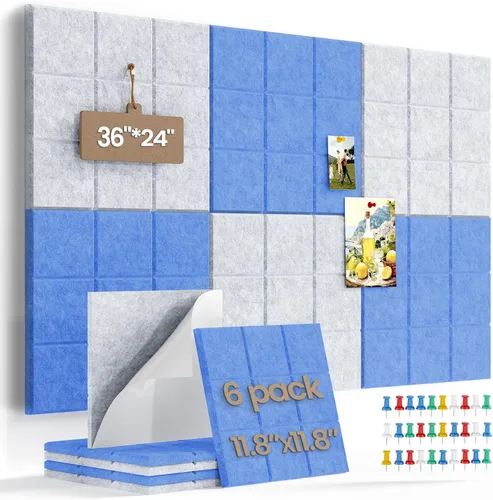 Miniatura 10 de Pizarra de corcho grande para paredes con 30 pasadores, 11.8 x 11.8 pulgadas, paquete de 6 tablones de anuncios para oficina en casa, cocina, tablón