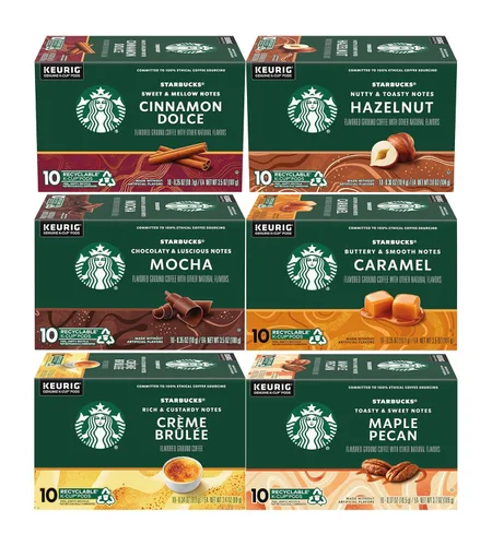 Starbucks Paquete variado de café K-Cup, 1 canela Dolce, 1 avellana, 1 moca, 1 Cr me Brulee, 1 nuez de arce, 1 caramelo, 10 cápsulas K-Cups, 1 CT
