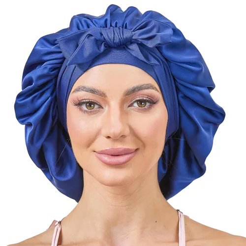 Miniatura 12 de Gorro de satén de seda con banda de amarre para dormir, para mujeres de cabello rizado: gorro de noche para cabello liso, ondulado, ensortijado, Rosa