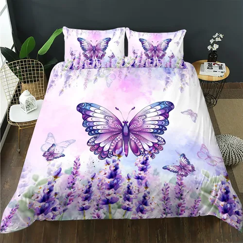 Miniatura 10 de AILONEN Juego de funda de edredón de tamaño King con diseño de mariposa para niñas y mujeres, juegos de ropa de cama con corazones estrellados
