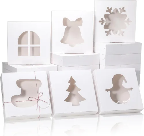 Miniatura 7 de COTOPHER 18 piezas de cajas para galletas de Navidad con ventana, 4 x 4 x 2.5 pulgadas, cajas de panadería blancas para regalos, mini cajas