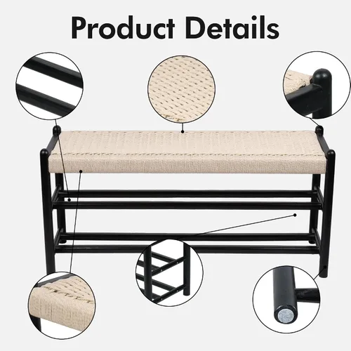 Miniatura 4 de Banco de madera maciza para entrada con almacenamiento para zapatos, diseño rústico en roble y tejido, 39.4 pulgadas de largo, asiento para sala