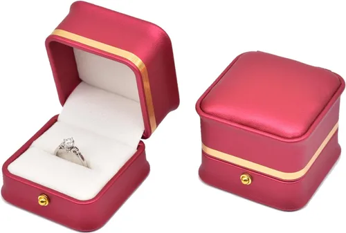 Eveynsh Caja de anillo de compromiso de boda, color rojo, caja cuadrada de terciopelo de cuero, caja de anillo de alta calidad preciosa vintage de