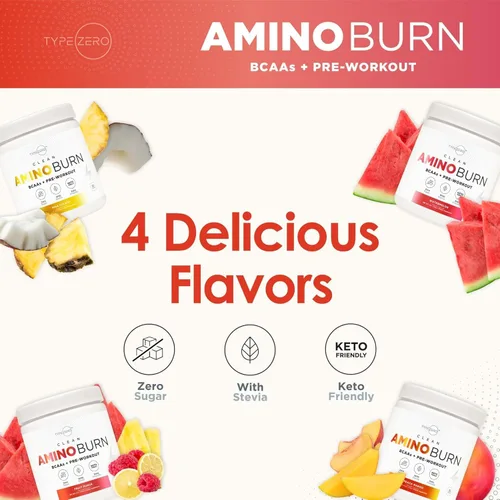 Miniatura 3 de Type Zero AminoBurn - Suplemento natural para antes del entrenamiento + BCAA (Tropical Punch 30serv) sin azúcar BCAA Aminoácidos Suplemento Keto