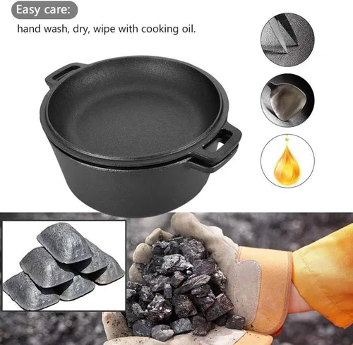 Miniatura 4 de Hornos holandeses, 2 en 1, horno holandés doble sazonado de hierro fundido, sartén de hierro fundido, utensilios de cocina combinados para cocina