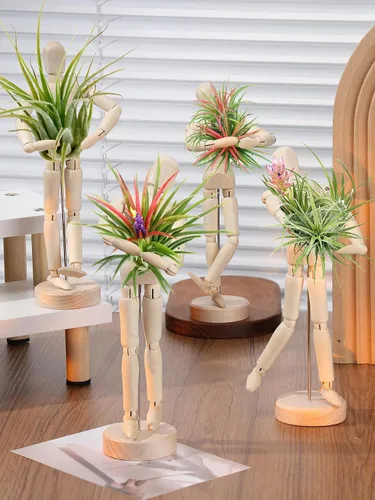 Miniatura 2 de ANPHSIN Soporte de Madera para Plantas de Aire de 2 Tamaños - Soporte Único Articulado de Maniquí para Plantas de Aire con Poses Ajustables