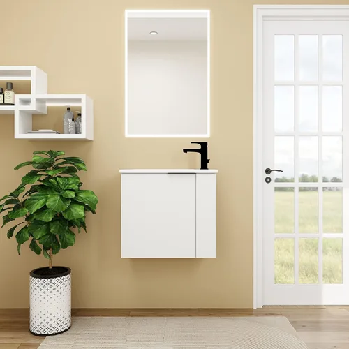 Miniatura 8 de Juego de tocador de baño flotante de 22 pulgadas con lavabo, moderno tocador de baño montado en la pared con lavabo de cerámica y puerta de cierre