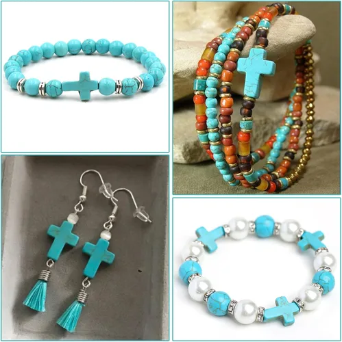 Miniatura 5 de SUNNYCLUE 1 caja 100 piezas cuentas de cruz turquesa a granel, cuentas sintéticas de piedras preciosas azul turquesa, mini cruz de Pascua, cuentas