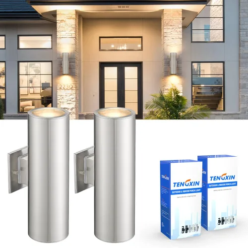 Miniatura 15 de TENGXIN Aplique de pared al aire libre del atardecer al amanecer, lámpara de pared con cilindro de acero inoxidable, luces exteriores para casa