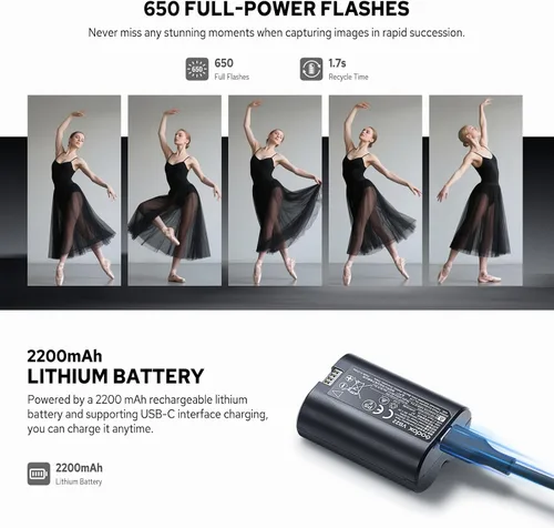 Miniatura 10 de Godox V480-S V480 Flash para Sony, Speedlite con Pantalla Táctil, GN50 de Alta Salida, Carga USB-C, Reciclaje Rápido de 1.7s, 650 Parpadeos