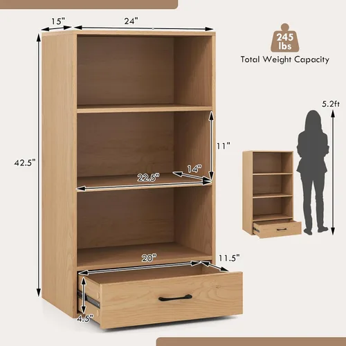 Miniatura 3 de GOFLAME Estantería pequeña de 4 niveles con cajón de almacenamiento, estantería de madera de 42.5 pulgadas con 3 estantes abiertos, moderno, Natural