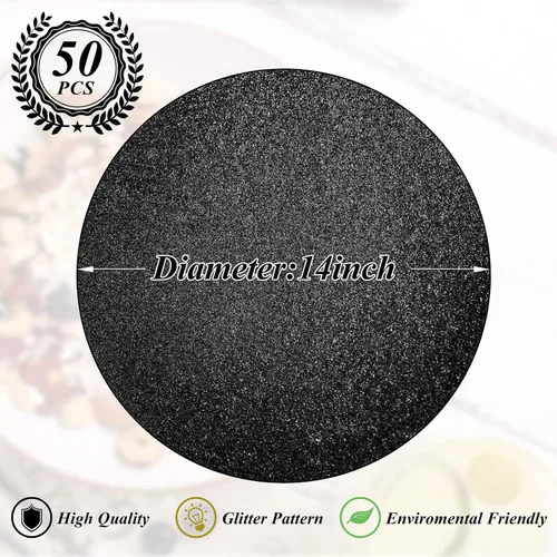 Miniatura 2 de 50 piezas de manteles individuales de papel negro con purpurina de 14" de diámetro, desechables, redondos, manteles de mesa negros decorativos