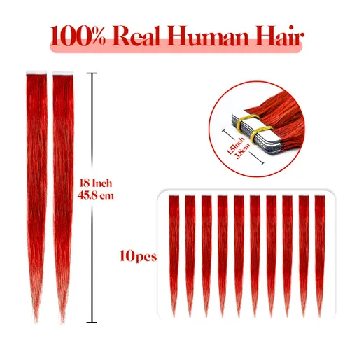 Miniatura 2 de Winsky Extensiones de cabello humano con cinta roja de 18 pulgadas, extensiones de cabello Remy con pegamento, 10 piezas de 0.88 onzas, cabello