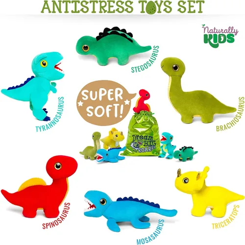 Miniatura 5 de Naturally KIDS Animales de peluche, regalos para niños y niñas, juego de juguetes de dinosaurio de peluche, 6 Bolsa Dinosaurios Multicolor