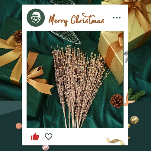 Miniatura 5 de 12 unidades de púas brillantes para árbol de Navidad, tallos de bayas con purpurina dorada, adornos de bayas artificiales, púas y ramas de Navidad