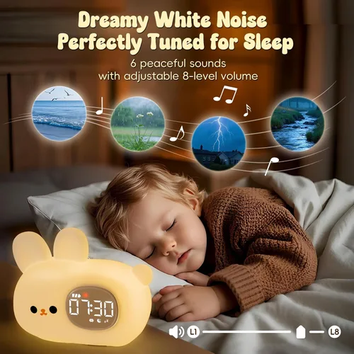 Miniatura 4 de Reloj despertador de conejo con luz nocturna para niños con entrenamiento del sueño y máquina de sonido, lámpara de silicona recargable