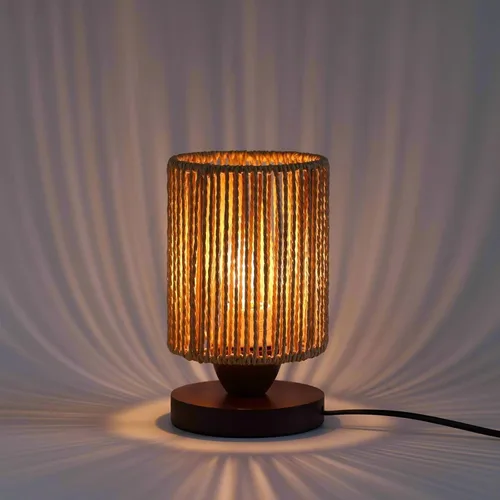 Lámpara de mesa pequeña de ratán para dormitorio, lámpara de noche bohemia con bombilla LED cálida, lámpara de mesita de noche de mimbre tejida a