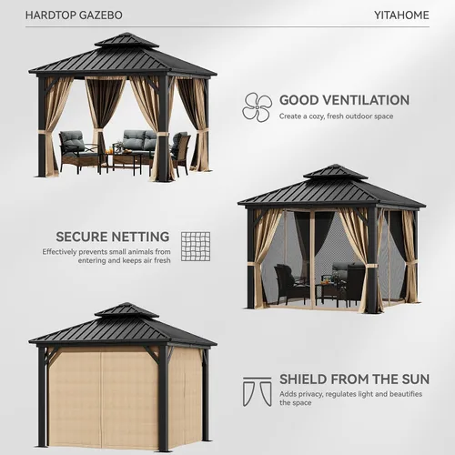 Miniatura 4 de DWVO Gazebo de techo rígido de 10 x 10 pies, techo doble con redes y cortinas, techo de rayas verticales de acero galvanizado resistente para patio