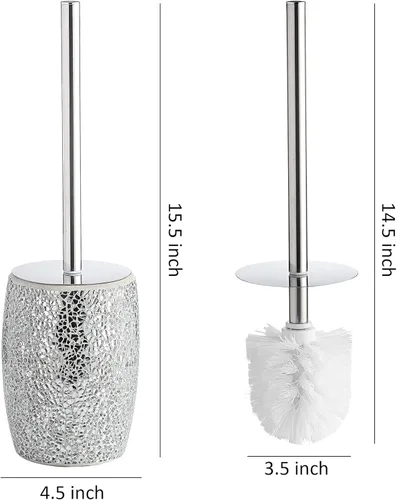 Miniatura 3 de WHOLE HOUSEWARES Juego de escobillas de inodoro moderno (plateado) - Accesorio de baño de mosaico de vidrio con cerdas resistentes y soporte