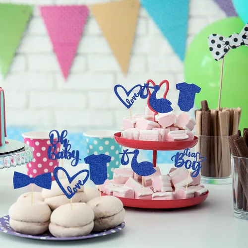Miniatura 7 de Gyufise Paquete de 36 adornos para cupcakes "It's a Boy" con corbata, mameluco de amor, corazón, azul profundo, purpurina azul oscuro, decoración