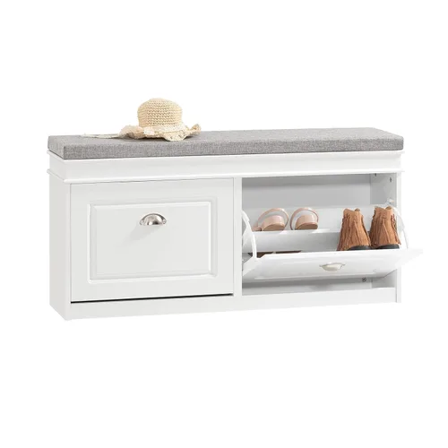 Miniatura 13 de SoBuy pequeño banco de almacenamiento de zapatos, zapatero negro estrecho para entrada, estante para zapatos con cojín y 2 niveles de cajón