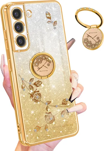 Miniatura 8 de Funda para Samsung Galaxy S22 Ultra con purpurina brillante para mujeres y niñas, cubierta de teléfono morada, diseño floral con anillo de flores