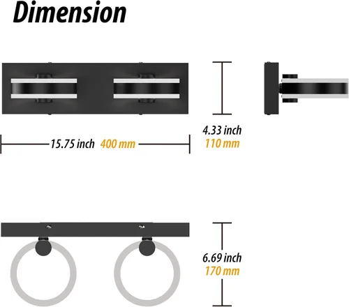 Miniatura 2 de Lámparas LED de baño, luces negras de tocador de 15 pulgadas, modernos apliques de pared acrílicos de 2 luces, accesorio de iluminación de pared