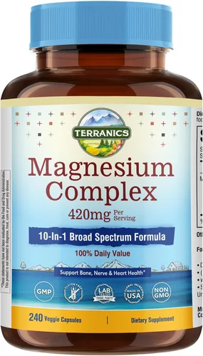 Terranics Suplemento complejo de magnesio 420 mg, fórmula de espectro completo 10 en 1, glicinato, citrato, malato y más, absorción máxima, apoyo
