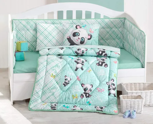 Miniatura 2 de Juego de ropa de cama para bebé, juego de cuna de 6 piezas, edredón 100% algodón, edredón, sábana, fundas de almohada (panda menta)