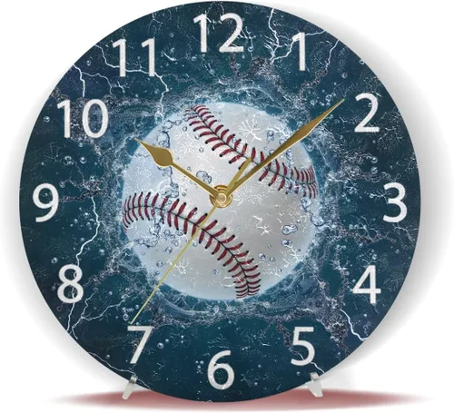 Miniatura 6 de senya Reloj de pared redondo de béisbol, silencioso, sin tictac, pintura al óleo, decorativo, para el hogar, oficina, escuela, arte