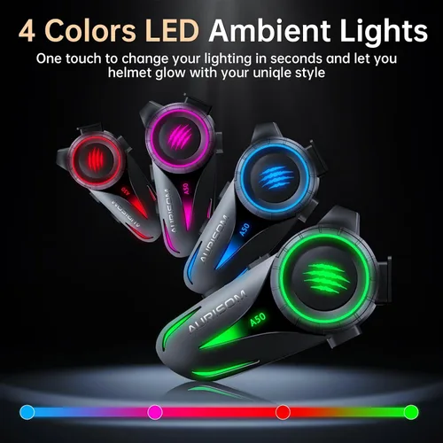 Miniatura 2 de Auriculares de Casco de Motocicleta Bluetooth con Cancelación de Ruido, Altavoces Inalámbricos para Casco con Luz LED de 4 Colores, Batería