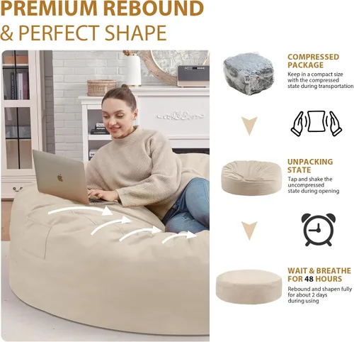 Miniatura 298 de Puf de 5 pies, puf grande con relleno de espuma viscoelástica, sofá puff esponjoso con funda de terciopelo holandés, puf redondo para sala de estar