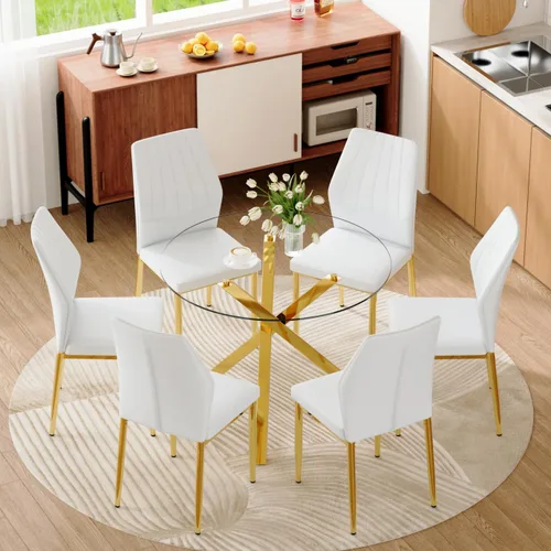 Miniatura 46 de Juego de mesa de comedor redonda para 6, juego de mesa de comedor de vidrio de 39 pulgadas con base de metal ajustable dorada en forma de X y 6